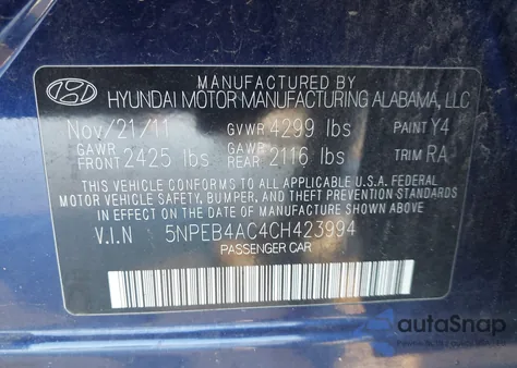 2012 Hyundai Sonata Gls Pzev from USA, damaged, VIN 5NPEB4AC4CH423994